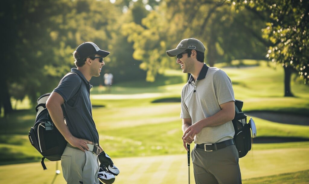 Golfers on a golf course chatting and smiling