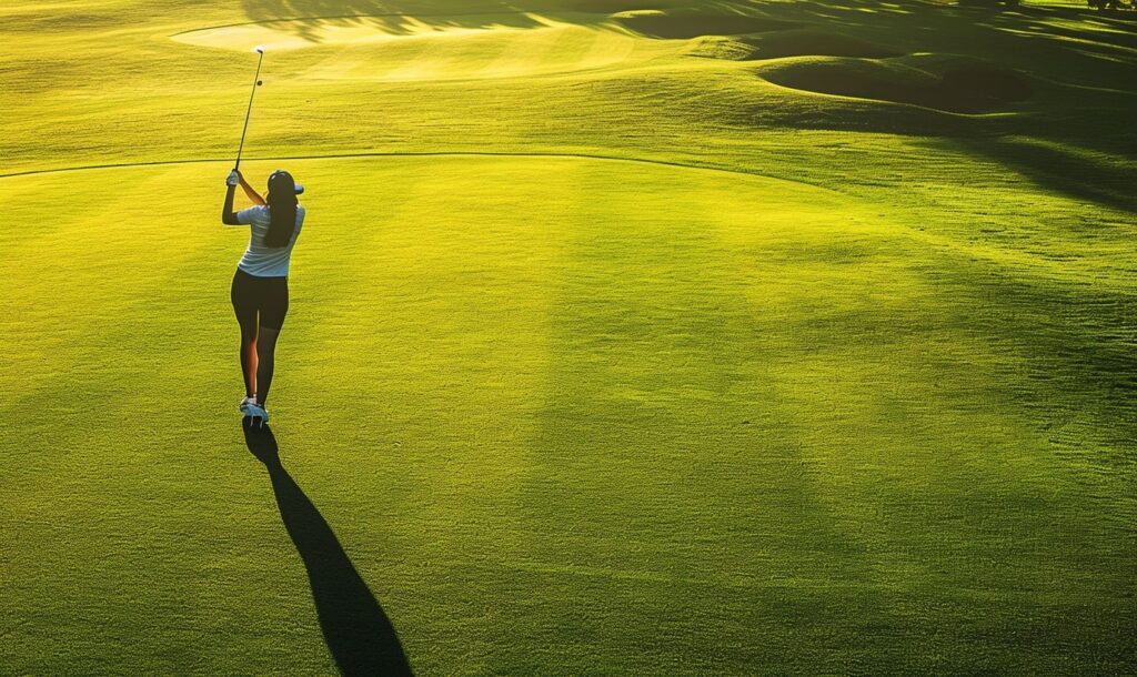 Female golfer swinging a golf club on a golf course