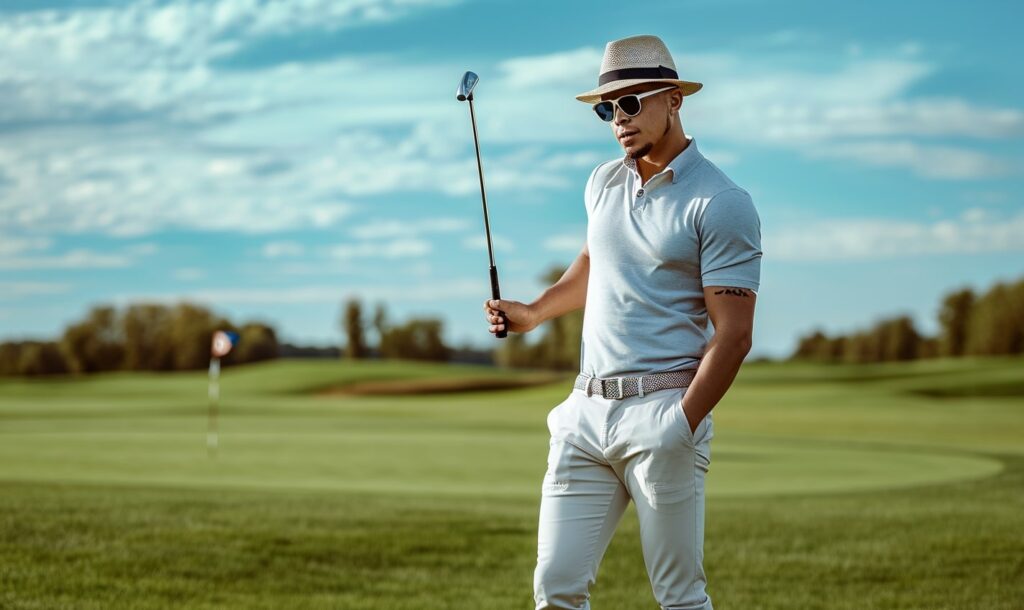 Golfer wearing golf fashion attire holding a golf club