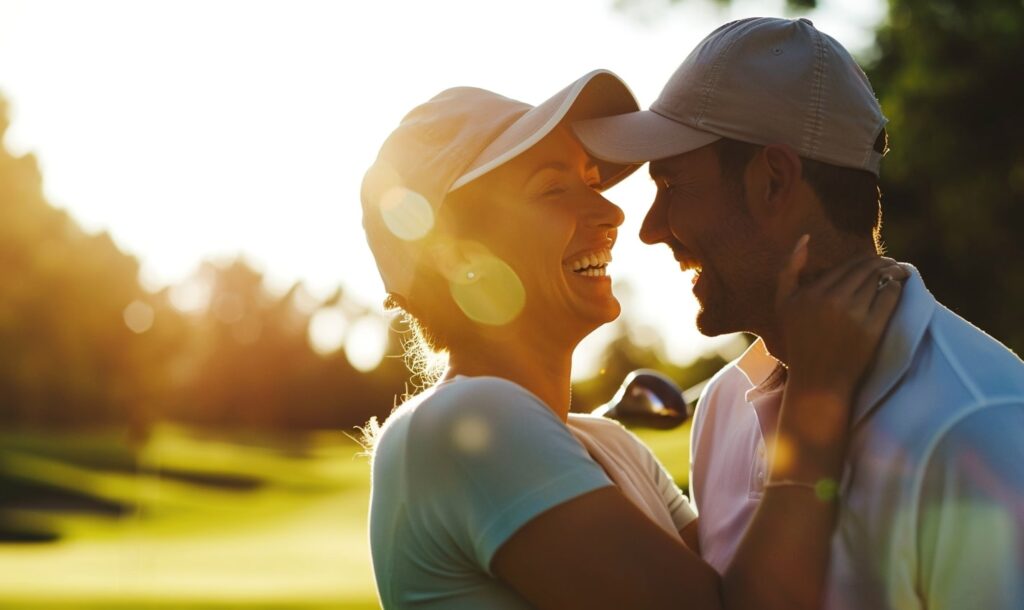 Male and Female golfers smiling on a golf course